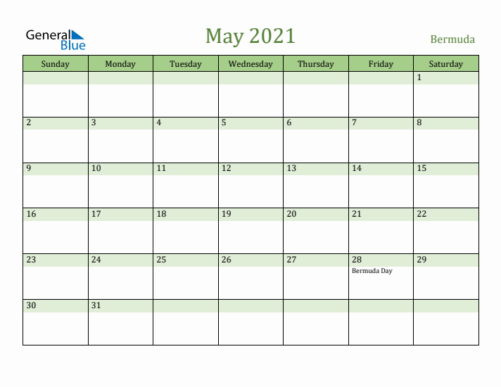 May 2021 Calendar with Bermuda Holidays