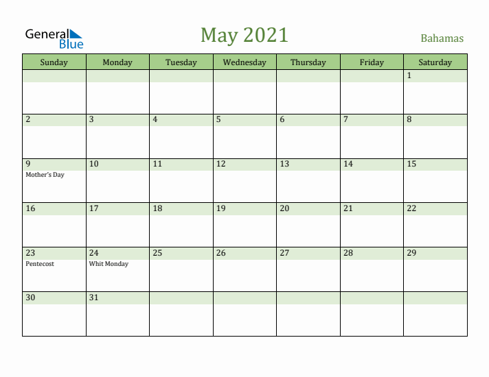 May 2021 Calendar with Bahamas Holidays