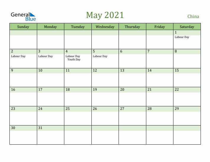 May 2021 Calendar with China Holidays