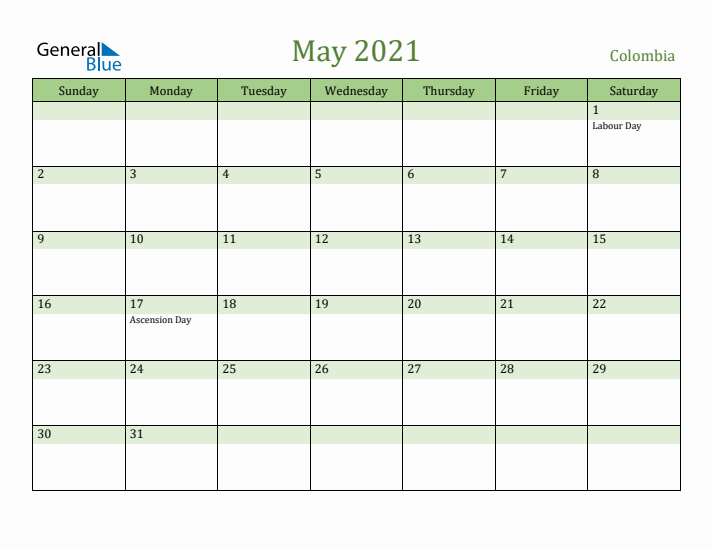 May 2021 Calendar with Colombia Holidays