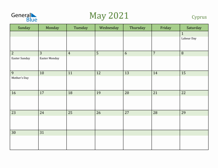 May 2021 Calendar with Cyprus Holidays