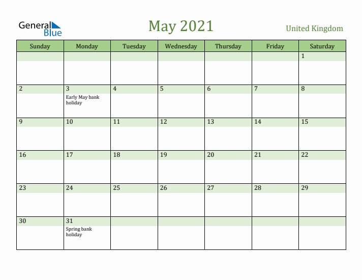 May 2021 Calendar with United Kingdom Holidays