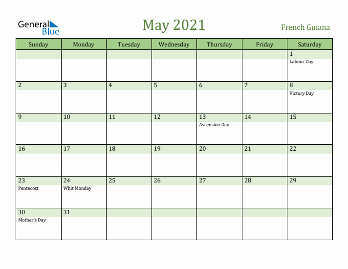 May 2021 Calendar with French Guiana Holidays