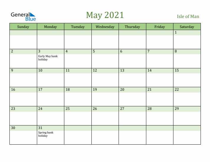 May 2021 Calendar with Isle of Man Holidays