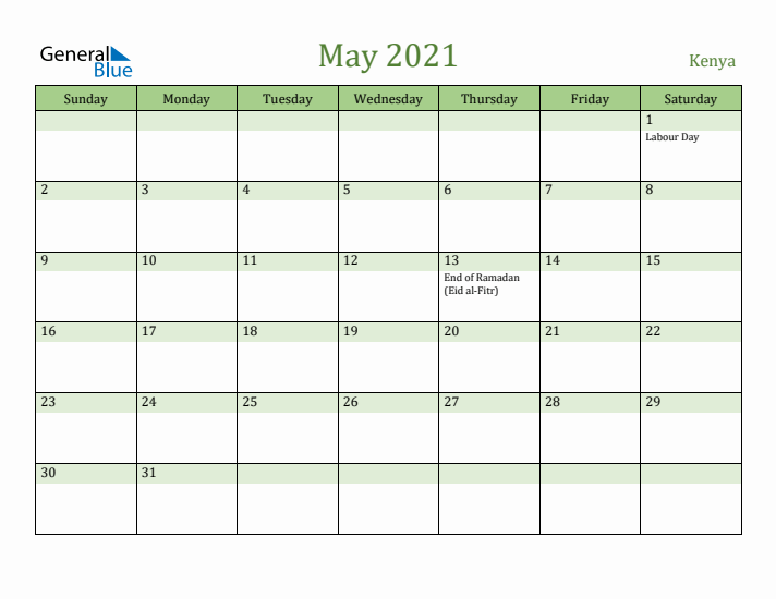 May 2021 Calendar with Kenya Holidays