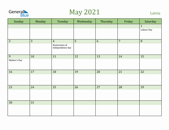 May 2021 Calendar with Latvia Holidays