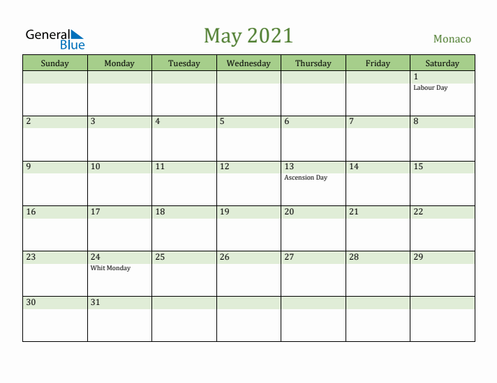 May 2021 Calendar with Monaco Holidays