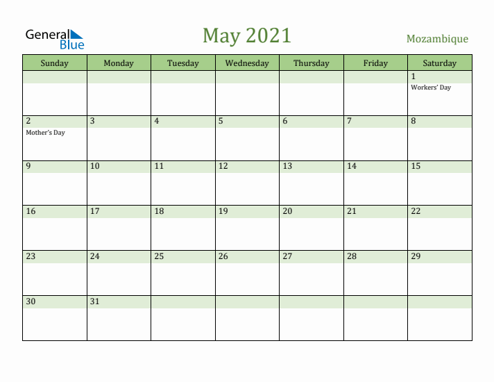 May 2021 Calendar with Mozambique Holidays