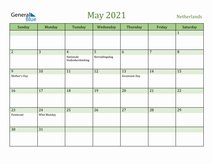 May 2021 Calendar with The Netherlands Holidays