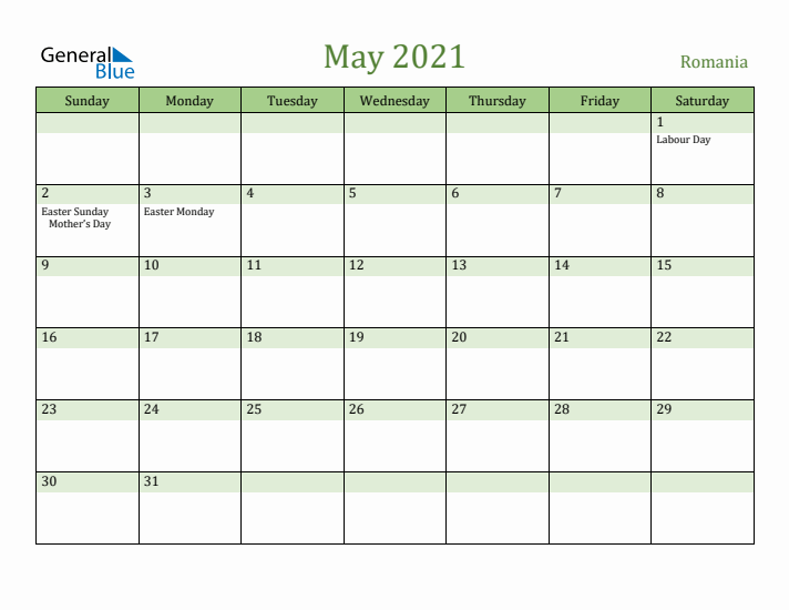 May 2021 Calendar with Romania Holidays