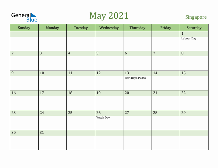 May 2021 Calendar with Singapore Holidays