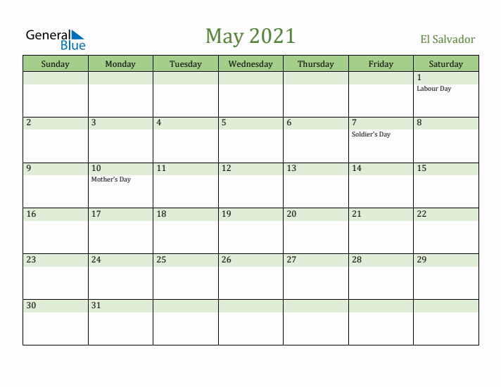 May 2021 Calendar with El Salvador Holidays