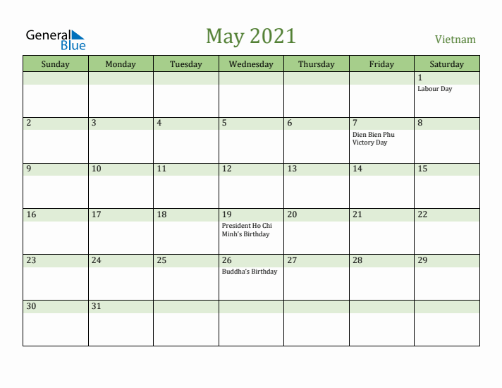 May 2021 Calendar with Vietnam Holidays