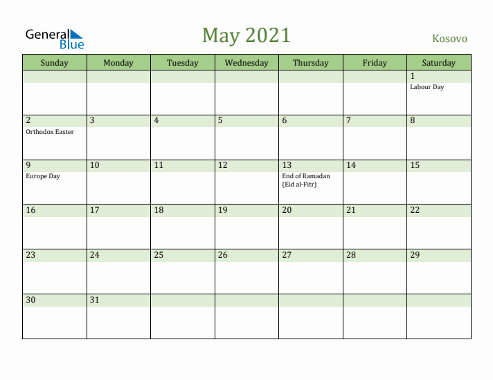 May 2021 Calendar with Kosovo Holidays