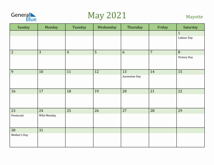 May 2021 Calendar with Mayotte Holidays