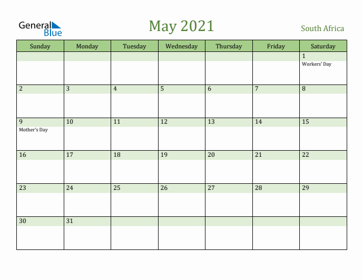 May 2021 Calendar with South Africa Holidays