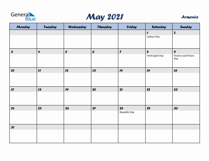 May 2021 Calendar with Holidays in Armenia