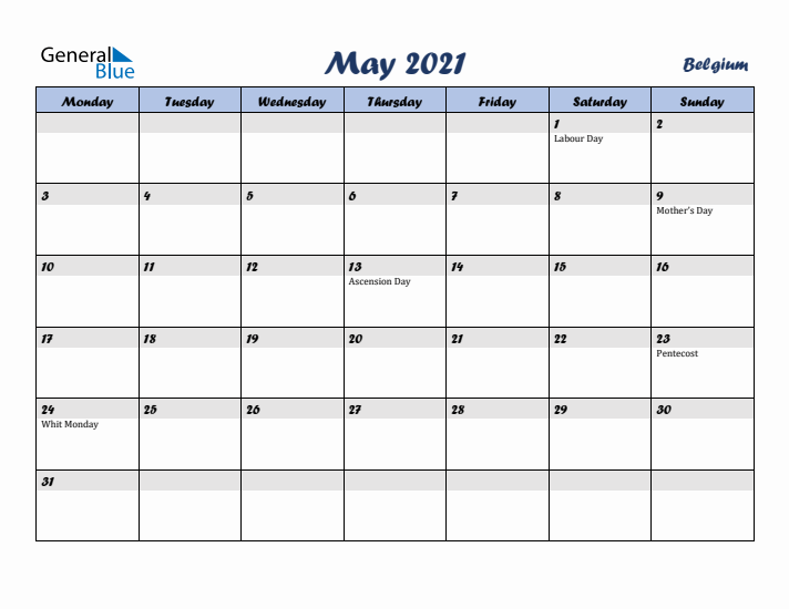 May 2021 Calendar with Holidays in Belgium