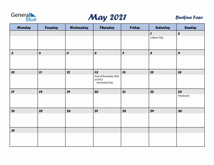 May 2021 Calendar with Holidays in Burkina Faso