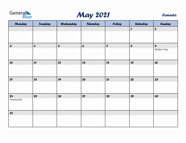 May 2021 Calendar with Holidays in Canada