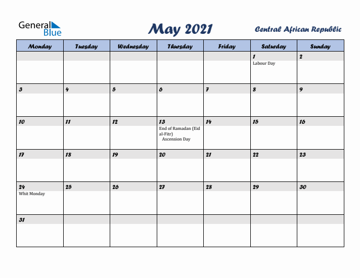 May 2021 Calendar with Holidays in Central African Republic