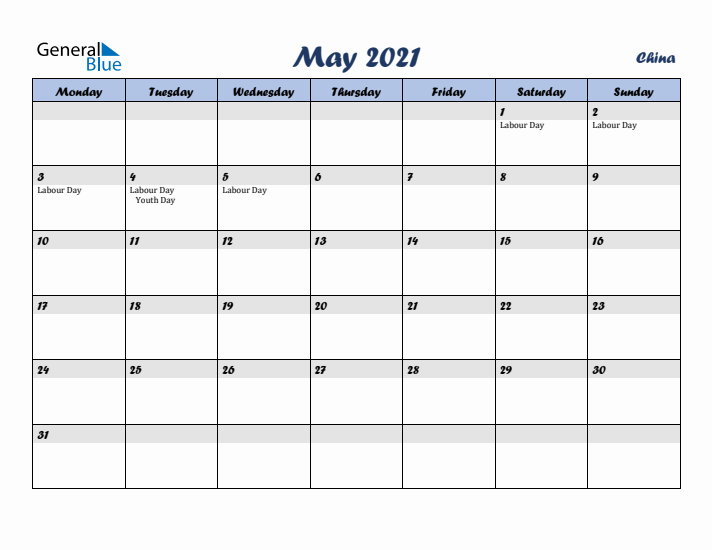 May 2021 Calendar with Holidays in China