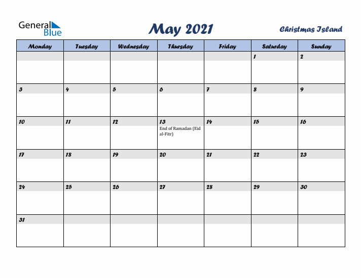 May 2021 Calendar with Holidays in Christmas Island