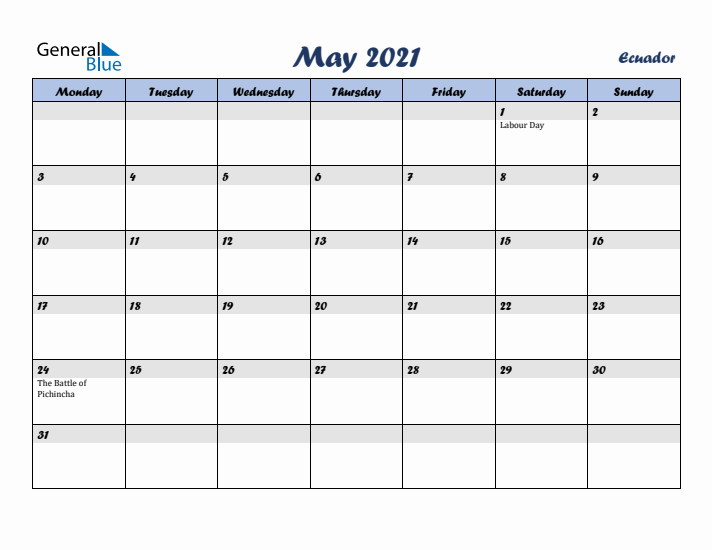 May 2021 Calendar with Holidays in Ecuador