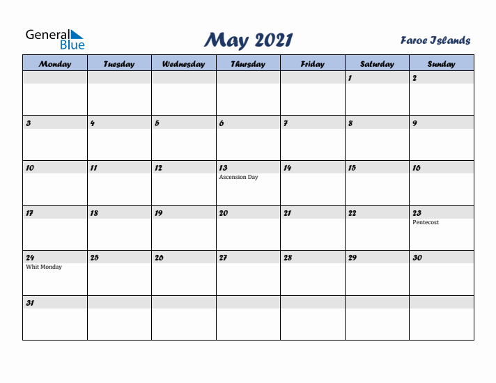 May 2021 Calendar with Holidays in Faroe Islands