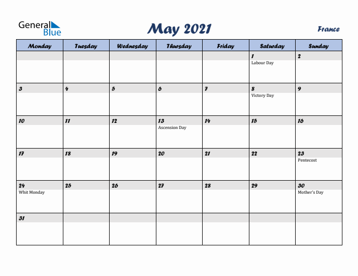 May 2021 Calendar with Holidays in France