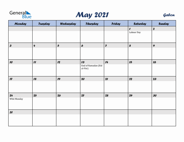 May 2021 Calendar with Holidays in Gabon