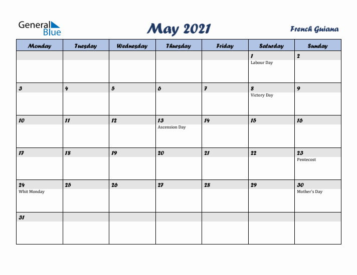 May 2021 Calendar with Holidays in French Guiana