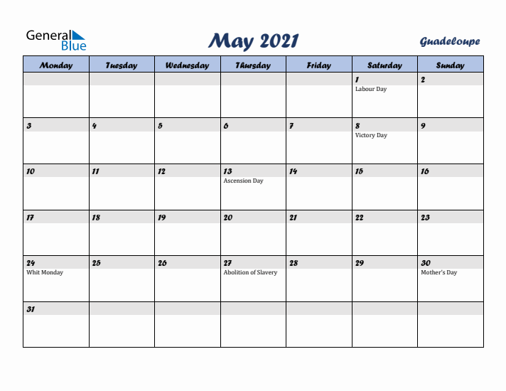 May 2021 Calendar with Holidays in Guadeloupe