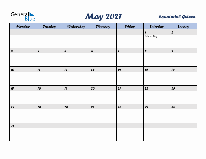 May 2021 Calendar with Holidays in Equatorial Guinea