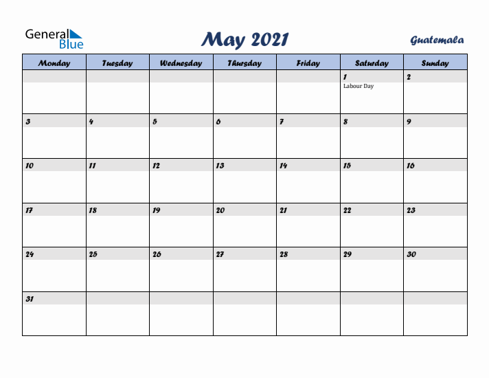 May 2021 Calendar with Holidays in Guatemala