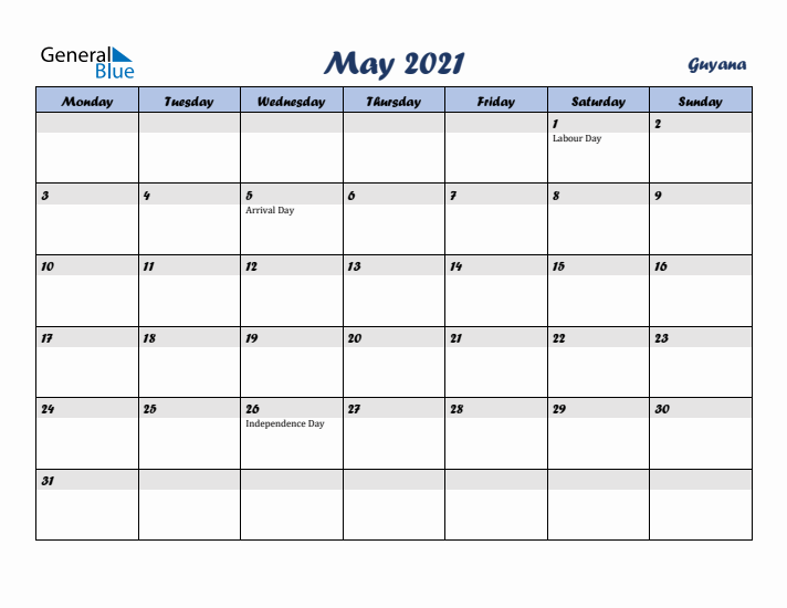 May 2021 Calendar with Holidays in Guyana