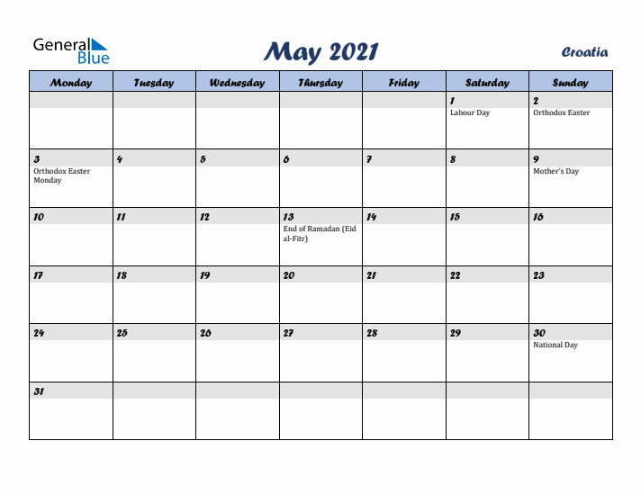 May 2021 Calendar with Holidays in Croatia