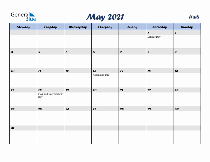 May 2021 Calendar with Holidays in Haiti