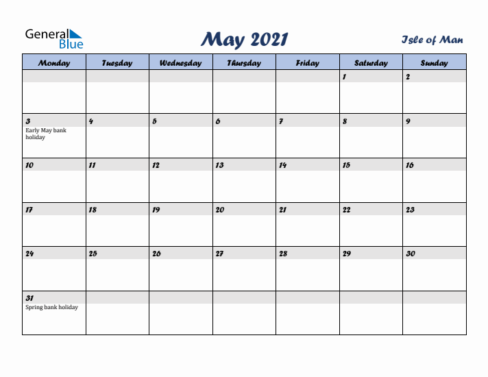 May 2021 Calendar with Holidays in Isle of Man