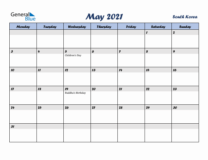 May 2021 Calendar with Holidays in South Korea