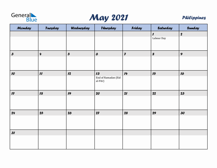 May 2021 Calendar with Holidays in Philippines