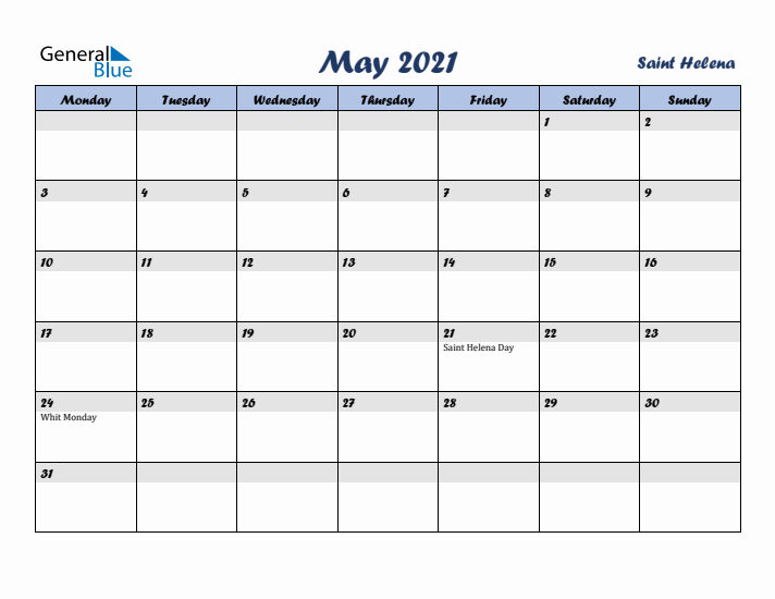 May 2021 Calendar with Holidays in Saint Helena