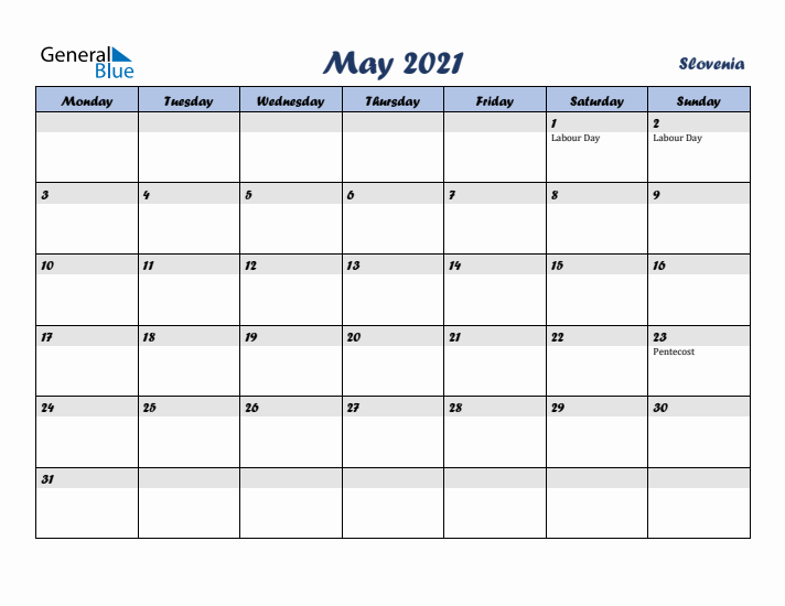 May 2021 Calendar with Holidays in Slovenia