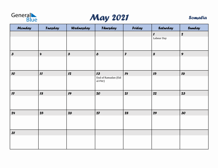 May 2021 Calendar with Holidays in Somalia