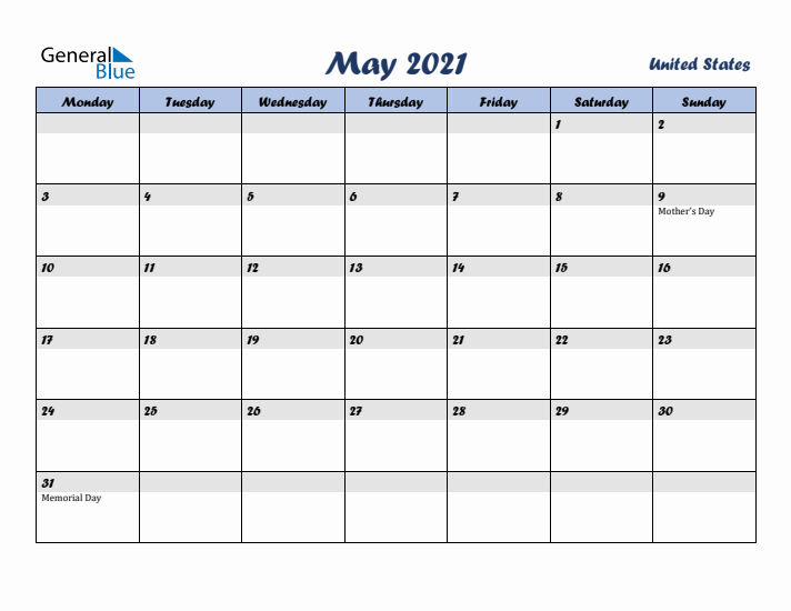 May 2021 Calendar with Holidays in United States