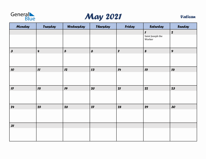 May 2021 Calendar with Holidays in Vatican