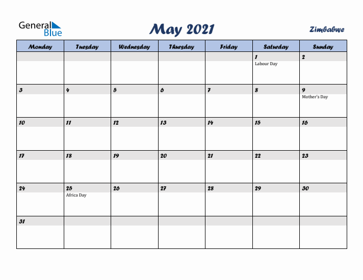 May 2021 Calendar with Holidays in Zimbabwe