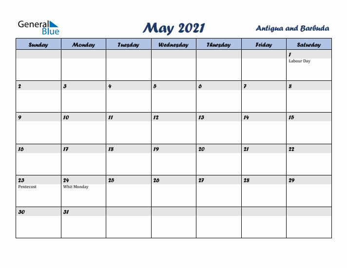 May 2021 Calendar with Holidays in Antigua and Barbuda