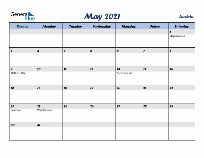 May 2021 Calendar with Holidays in Austria