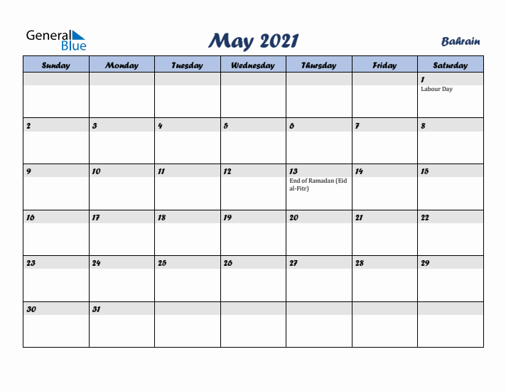 May 2021 Calendar with Holidays in Bahrain